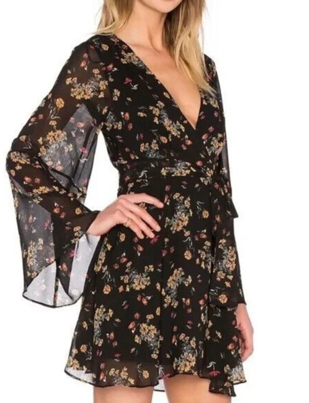 Free People Lilou Floral Bell Sleeve Chiffon V-neck Lined Black dress - size S